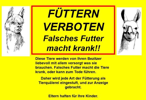 PVC Warnschild 3 mm Hartschaumplatte Kamelid falsches Futter